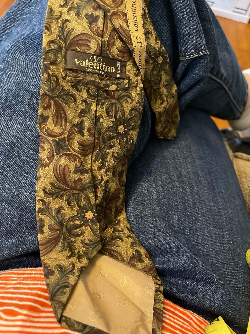 Valentino Cravatte Silk Tie Gold Brown Baroque Scroll Print Necktie Italy